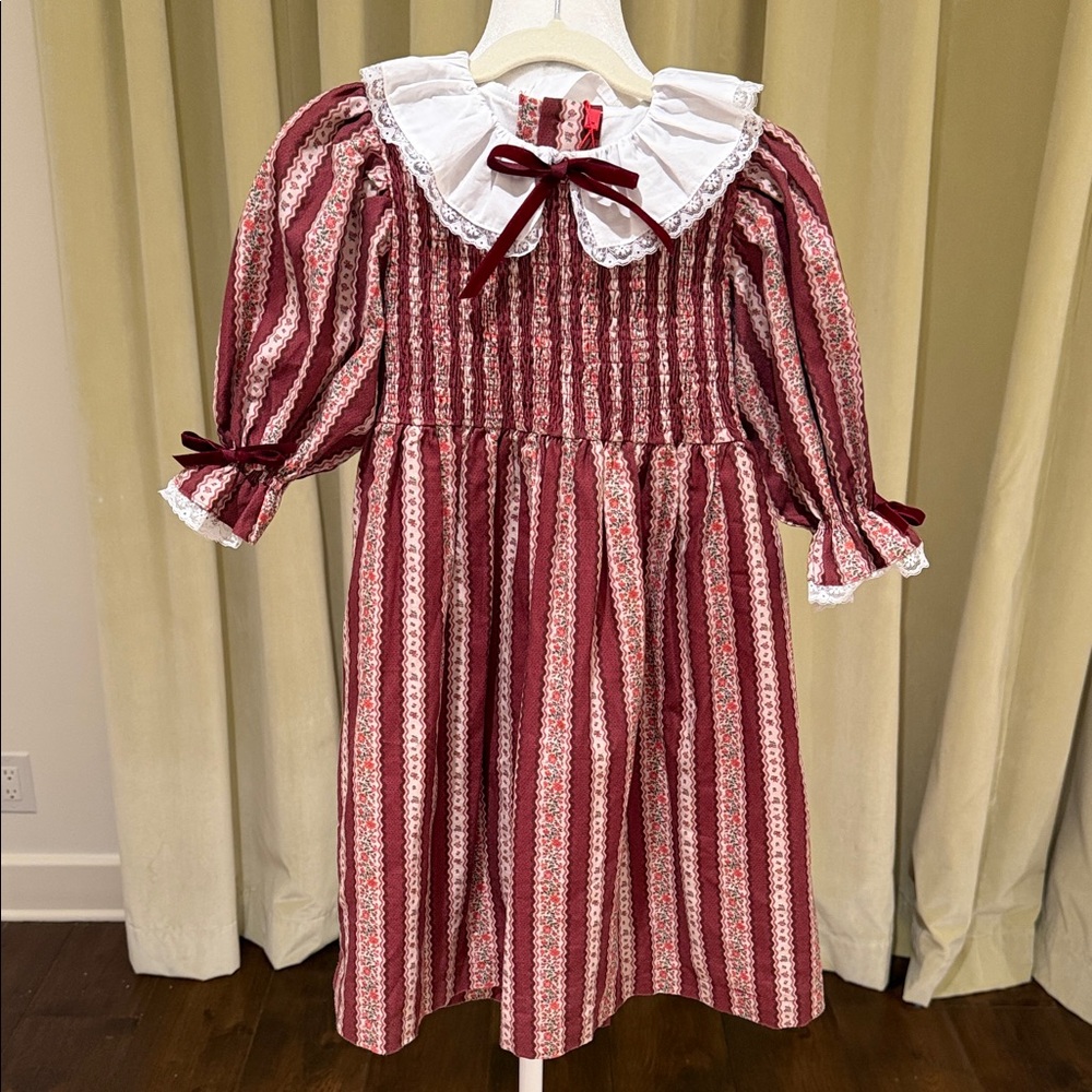NWT-La Coqueta - Girls Burgundy Floral Stripe Festa Hand Smocked Dress- Size: 6Y